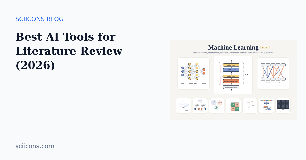 Cover image for “Best AI Tools for Literature Review (2026)” showing Sciicons scientific illustrations