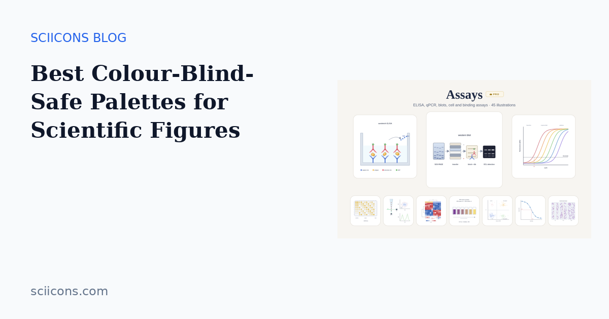Cover image for “Best Colour-Blind-Safe Palettes for Scientific Figures” showing Sciicons scientific illustrations
