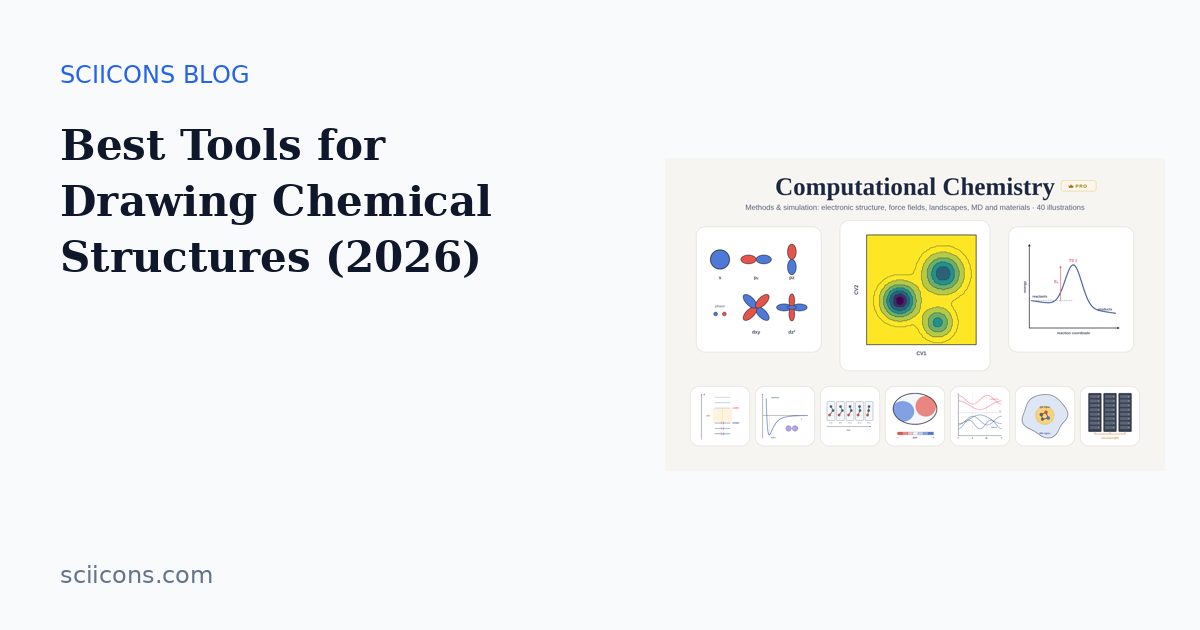 Cover image for “Best Tools for Drawing Chemical Structures (2026)” showing Sciicons scientific illustrations