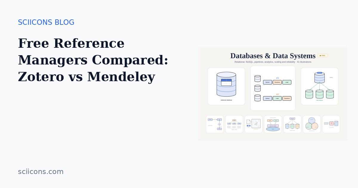 Cover image for “Free Reference Managers Compared: Zotero vs Mendeley” showing Sciicons scientific illustrations